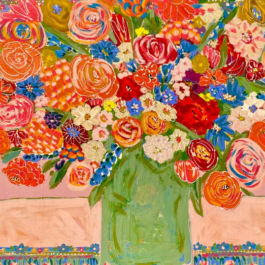 Colorful floral arrangement in a green vase on a decorative card with a border.