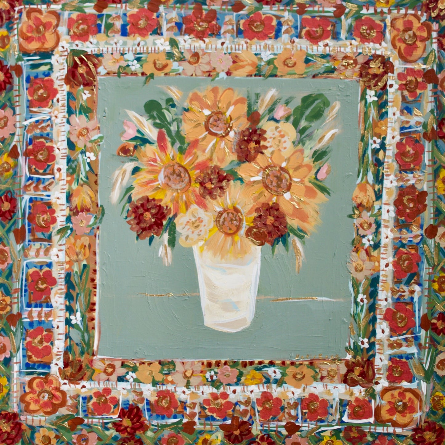 Decorative garden art with floral design and sunflowers on a stand.