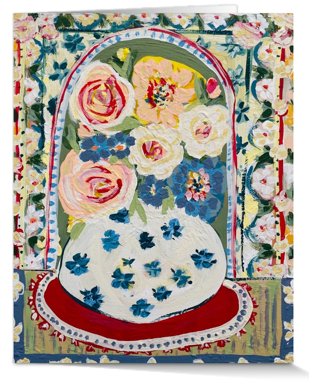 Decorative greeting card with floral design and colorful border