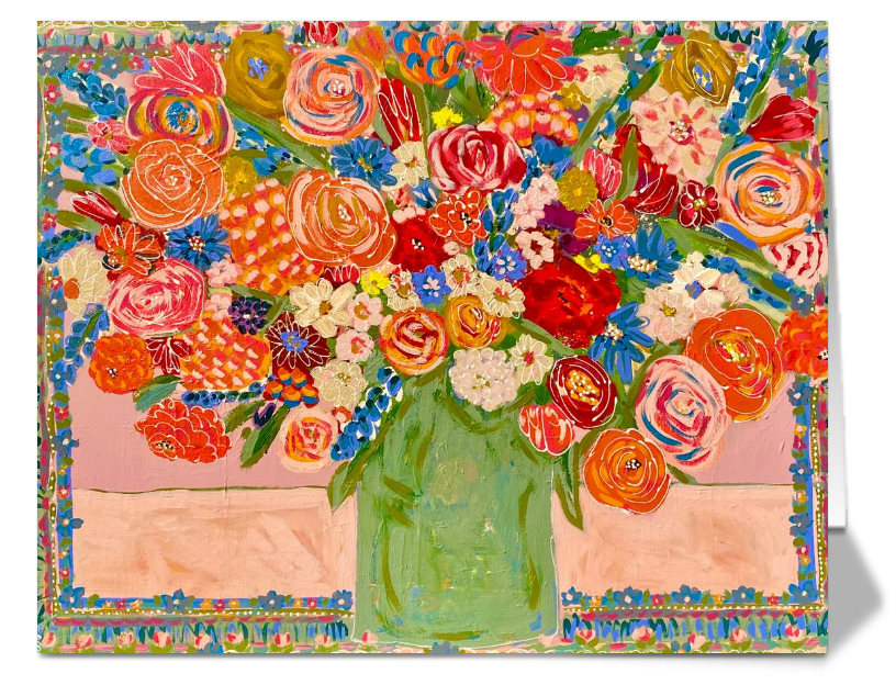 Colorful floral arrangement in a green vase on a decorative card with a border.