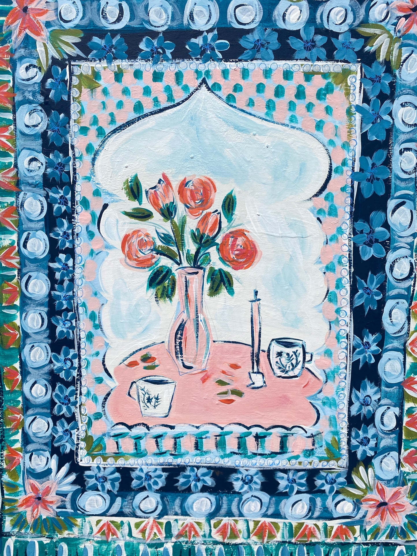 'Mornings With You' Original Acrylic Painting, 24x36 on Canvas, Tile Pattern, Patchwork Design, Hand-Painted