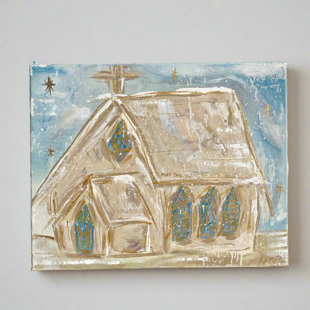 May Light Be With You Snowy Church, Original Painting, Acrylic on Canvas