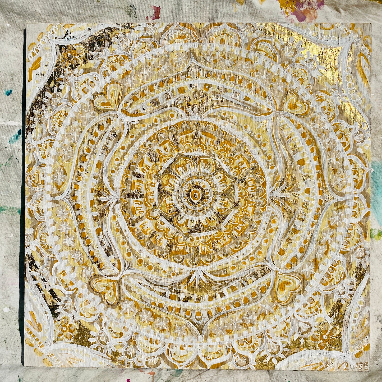 2x2ft on Wood, Abstract Mixed-Media Mandala