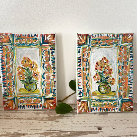 Set of 2 "Twin Flowers" Acrylic On Canvas, Original Artwork