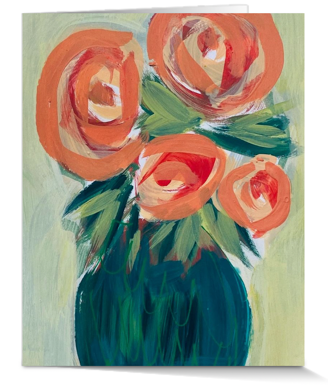 Painting of a vase with pink roses flowers on a light green background