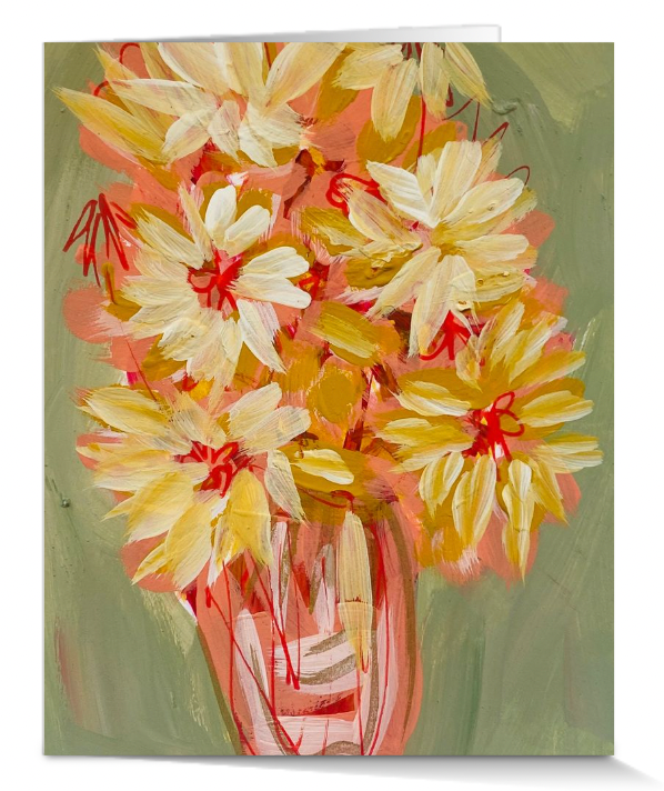 Painted card with a vase of flowers on a green background